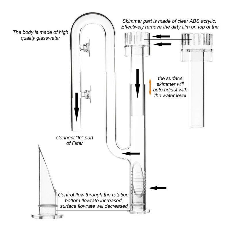 FZONE Aquatic Glass Lily Pipe Inflow with Surface Skimmer for Aquarium Filter 5/8''(16/22mm) Tubing - Image 3